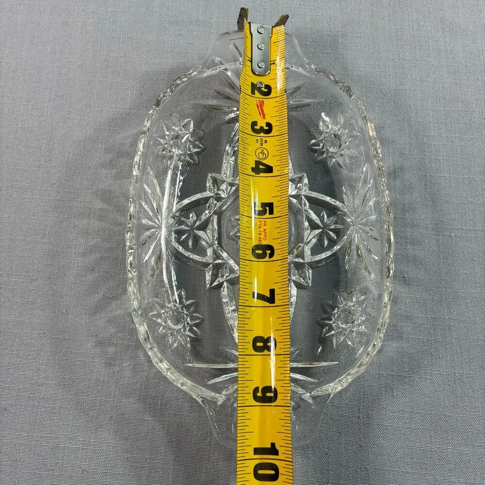 Vintage Clear Cut Glass Relish Tray Oval Handled Serving Dish Candy Nut Bowl